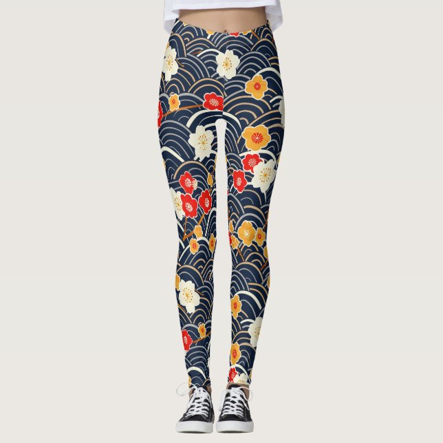 Navy Japanese Wave Plum Blossom Floral Pattern Leggings (Front)