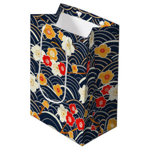 Navy Japanese Wave Plum Blossom Floral Pattern Medium Gift Bag