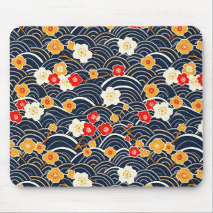 Navy Japanese Wave Plum Blossom Floral Pattern Mouse Pad