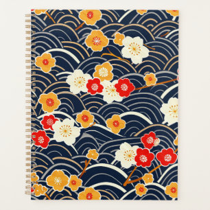 Navy Japanese Wave Plum Blossom Floral Pattern Planner