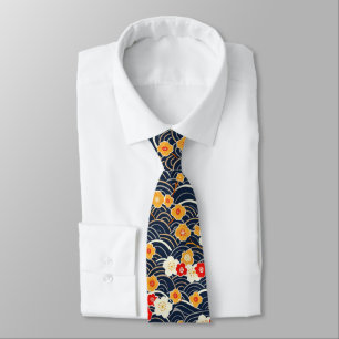 Navy Japanese Wave Plum Blossom Floral Pattern Tie