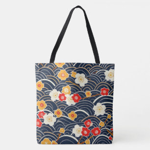 Navy Japanese Wave Plum Blossom Floral Pattern Tote Bag