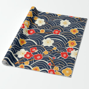 Navy Japanese Wave Plum Blossom Floral Pattern Wrapping Paper