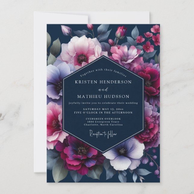 Navy Jewel Tone Flora Wedding Invitation (Front)