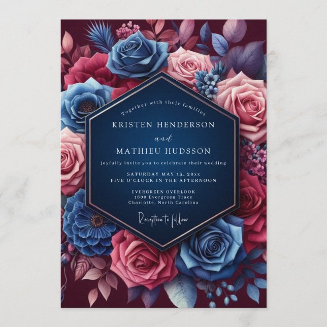 Navy Jeweled Bloom Wedding Invitation (Front)