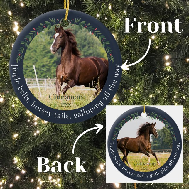 Navy Jingle Bells Horsey Tails Pet Horse Christmas Ceramic Ornament (Creator Uploaded)