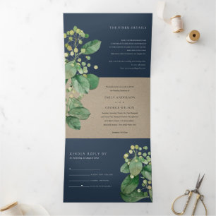 NAVY KRAFT BERRY LEAFY FOLIAGE GREENERY WEDDING Tri-Fold INVITATION