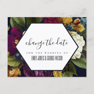 NAVY KRAFT BURGUNDY FLORAL WEDDING CHANGE THE DATE ANNOUNCEMENT POSTCARD