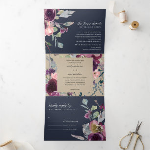 NAVY KRAFT PURPLE LILAC FLORAL WATERCOLOR WEDDING Tri-Fold INVITATION