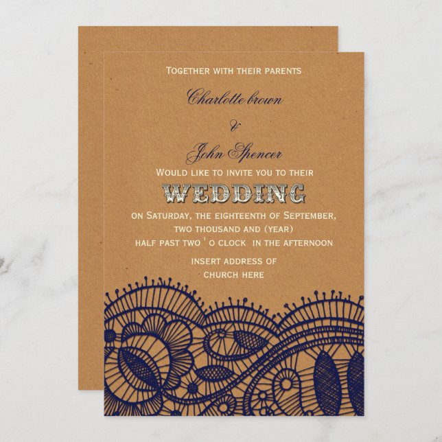 Navy Lace and Kraft Paper Wedding Invitation (Front/Back)