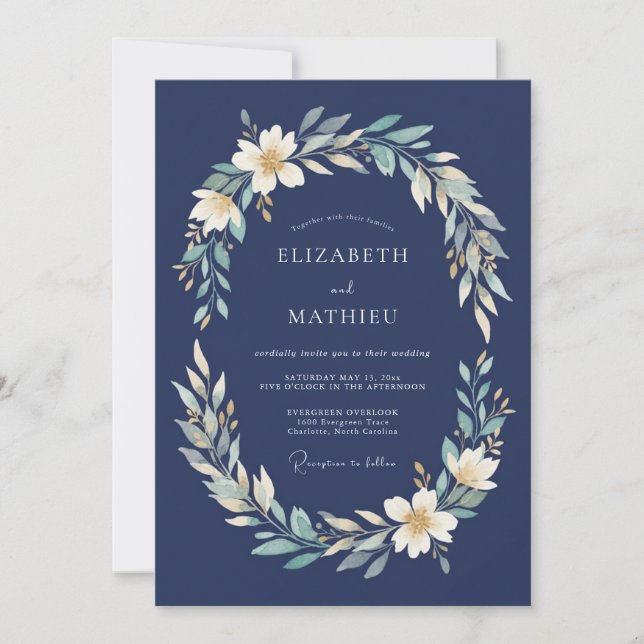 Navy Laurel Garland Wedding Invitation (Front)