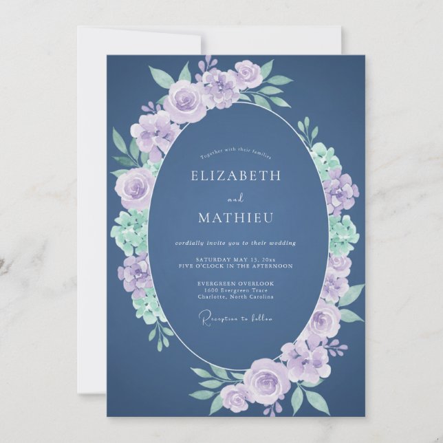 Navy Lavender Romantic Floral Wedding Invitation (Front)