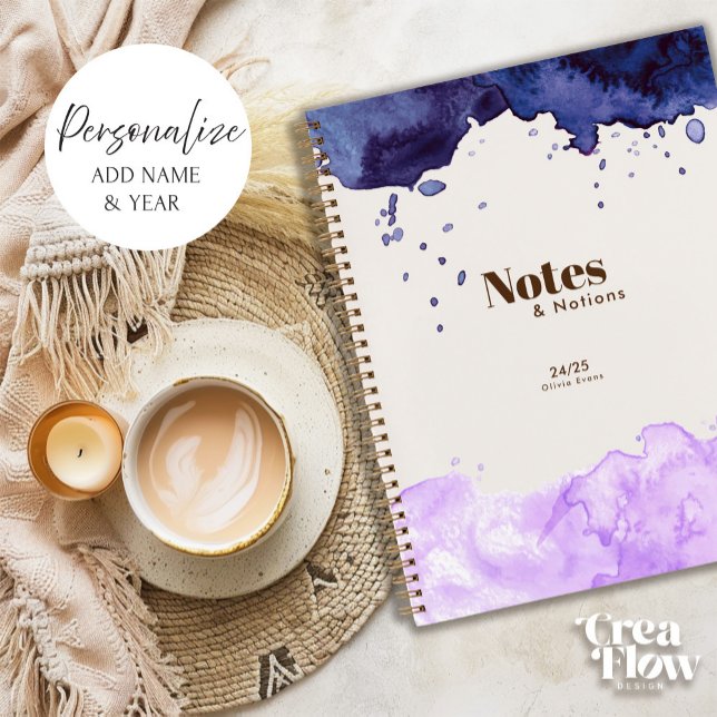Navy & Lavender Watercolor Daily Journal (Elegant daily notebook with Navy and Lilac watercolor cover design. All wording can be personalized)