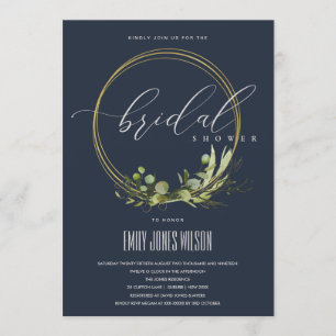 NAVY LEAFY GREEN FOLIAGE WATERCOLOR BRIDAL SHOWER INVITATION