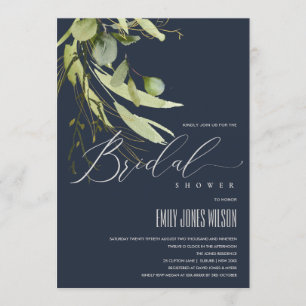 NAVY LEAFY GREEN FOLIAGE WATERCOLOR BRIDAL SHOWER INVITATION