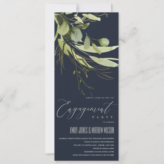NAVY LEAFY GREEN FOLIAGE WATERCOLOR ENGAGEMENT INVITATION (Front)