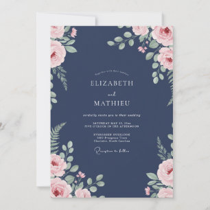 Navy Leafy Petal Wedding Invitation