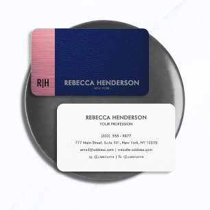 Navy Leather Metallic Pink & White Back Monogram Business Card