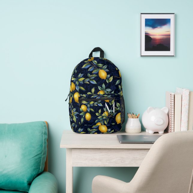 Navy Lemon Tree Monogram Printed Backpack (Insitu)