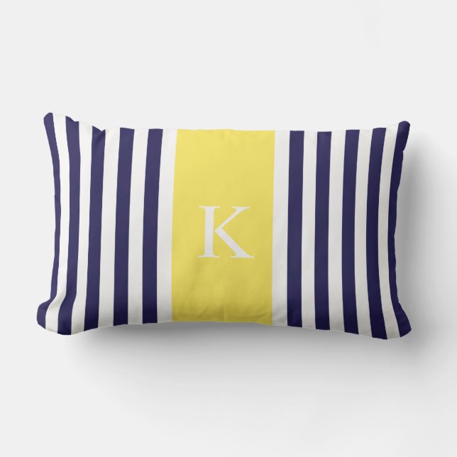 Navy Lemon Yellow Stripes Monogram Lumbar Cushion (Front)