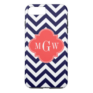 Navy Lg Chevron Coral Red Quatrefoil 3 Monogram iPhone 8 Plus/7 Plus Case