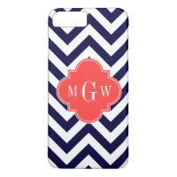 Navy Lg Chevron Coral Red Quatrefoil 3 Monogram