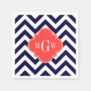 Navy Lg Chevron Coral Red Quatrefoil 3 Monogram Napkin