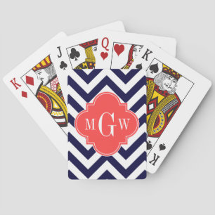 Navy Lg Chevron Coral Red Quatrefoil 3 Monogram Playing Cards