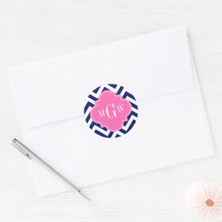Navy Lg Chevron Hot Pink #2 Quatrefoil 3 Monogram Classic Round Sticker