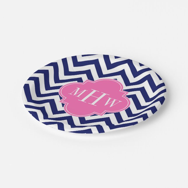 Navy Lg Chevron Hot Pink #2 Quatrefoil 3 Monogram Paper Plate (Angled)