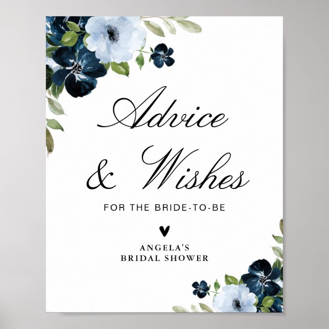 navy & light blue bridal shower advice wishes poster (Front)