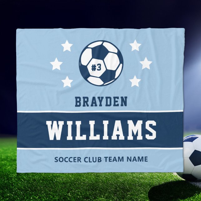 Navy Light Blue Custom Soccer Name Number Fleece Blanket (Creator Uploaded)