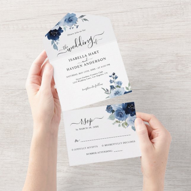 Navy Light Blue Dusty Blue Floral Wedding RSVP All In One Invitation (Tearaway)