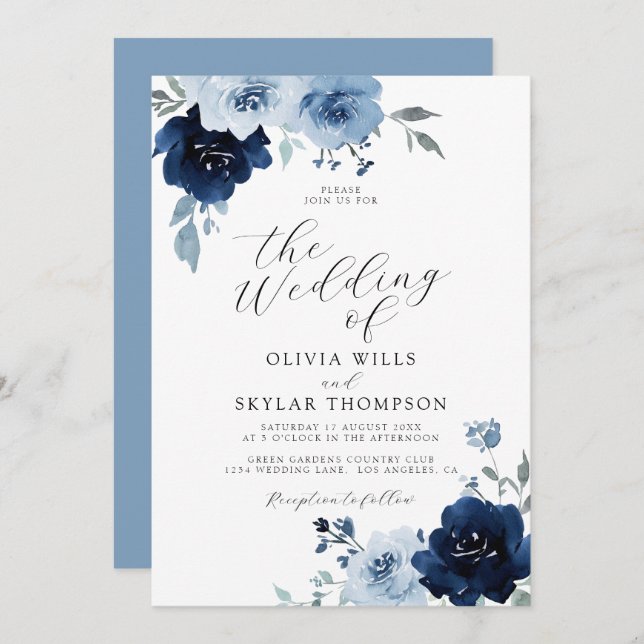 Navy Light Blue Dusty Elegant Floral Wedding Invit Invitation (Front/Back)