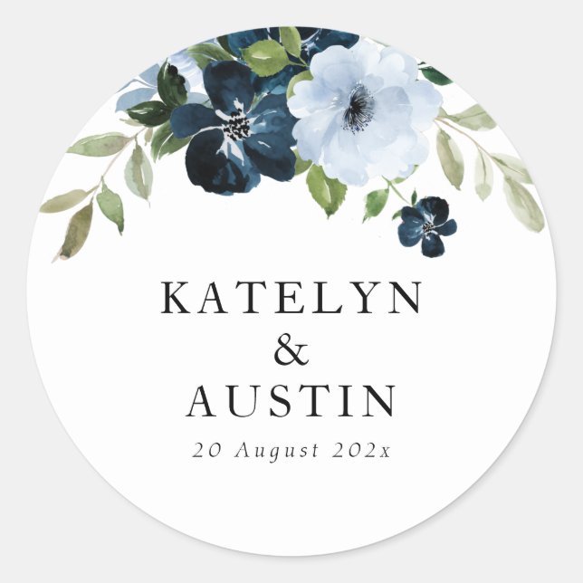 navy & light blue floral wedding classic round sticker (Front)