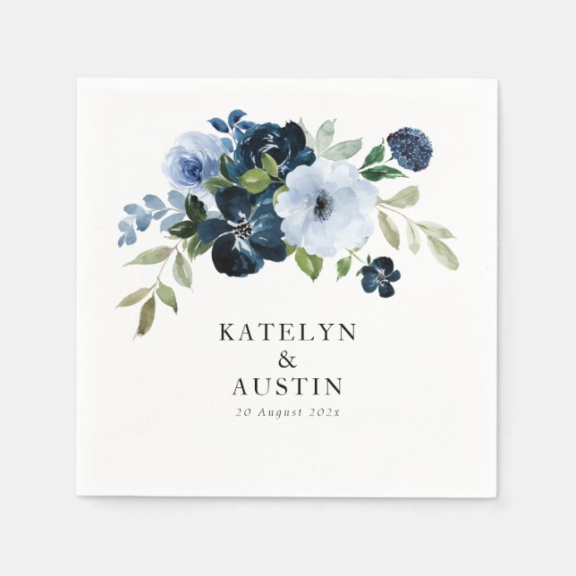 navy & light blue floral wedding napkin (Front)