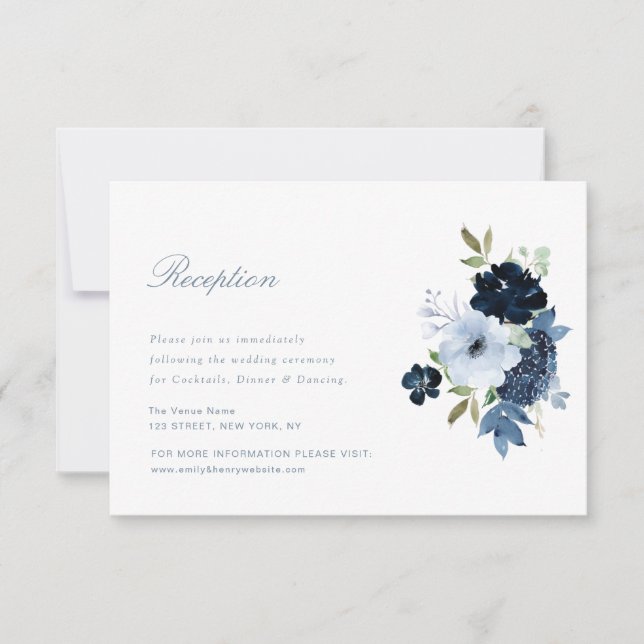 navy light blue floral wedding reception card (Front)
