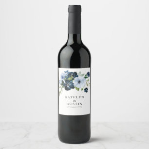 navy & light blue floral wedding wine label
