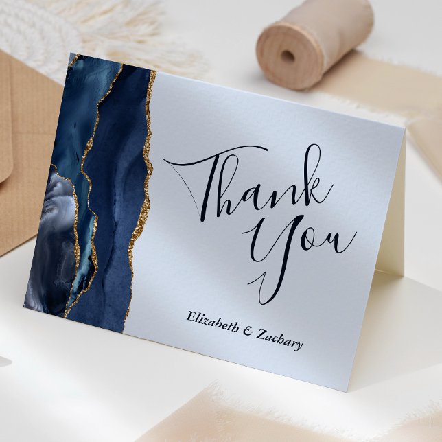 Navy Light Blue Gold Agate Wedding Thank You Card (Creator Uploaded)
