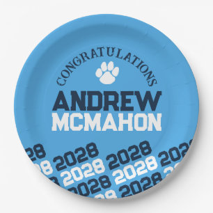 Navy & Light Blue Pawprint Half Repeat Graduation Paper Plate