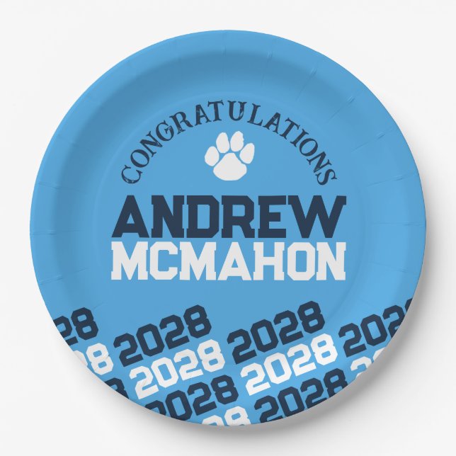 Navy & Light Blue Pawprint Half Repeat Graduation Paper Plate (Front)