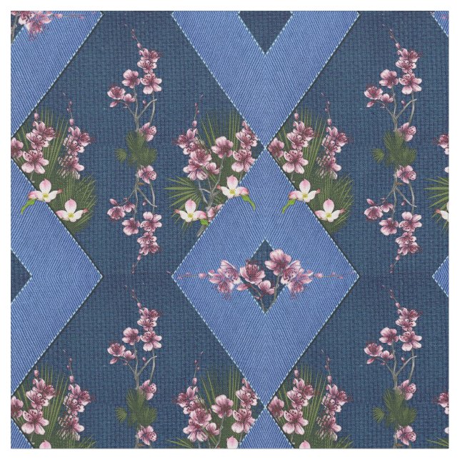 Navy & Light-Blue ribb texture with pink flowers Fabric (Close Up)