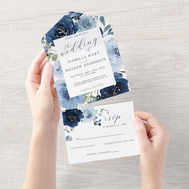 Navy & Light Dusty Blue Flowers Wedding RSVP All In One Invitation (Tearaway)