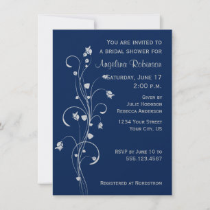 Navy Light Grey Floral Design Bridal Shower Invite
