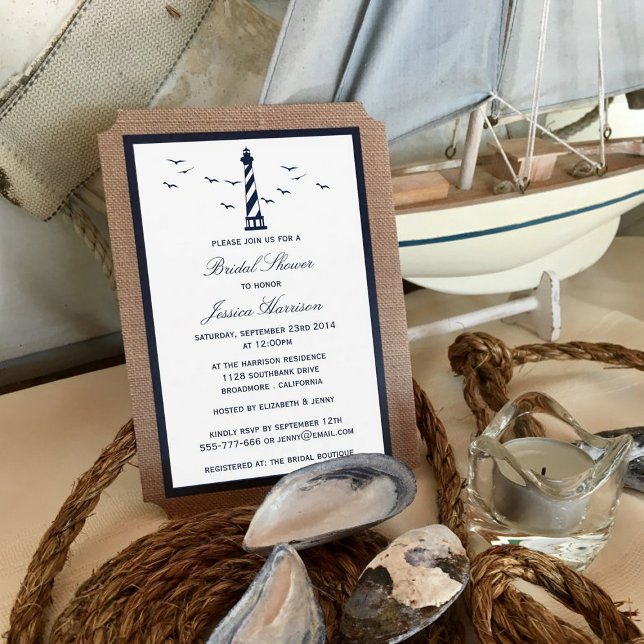 Navy Lighthouse On Burlap Nautical Bridal Shower Invitation (Creator Uploaded)