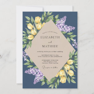 Navy Lilac Tulip Eucalyptus Wedding Invitation