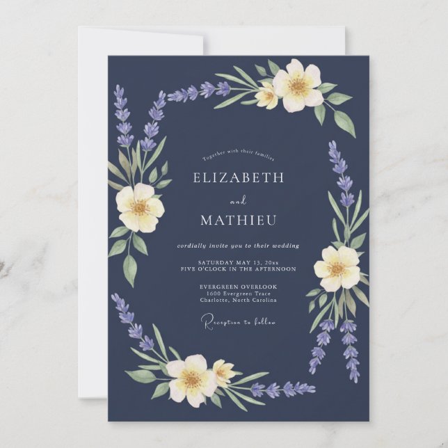 Navy Lilac Wreath Wedding Invitation (Front)