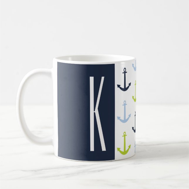Navy, Lime Green, & Baby Blue Nautical Anchors Coffee Mug (Left)