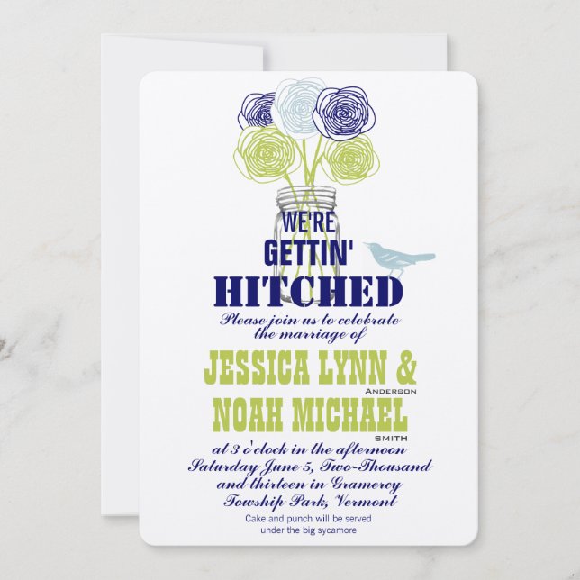Navy, Lime Rustic Blue Romantic Rose Mason Jar Invitation (Front)