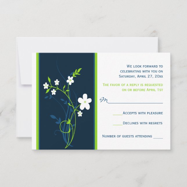 Navy, Lime, White Floral Wedding RSVP Card (Front)